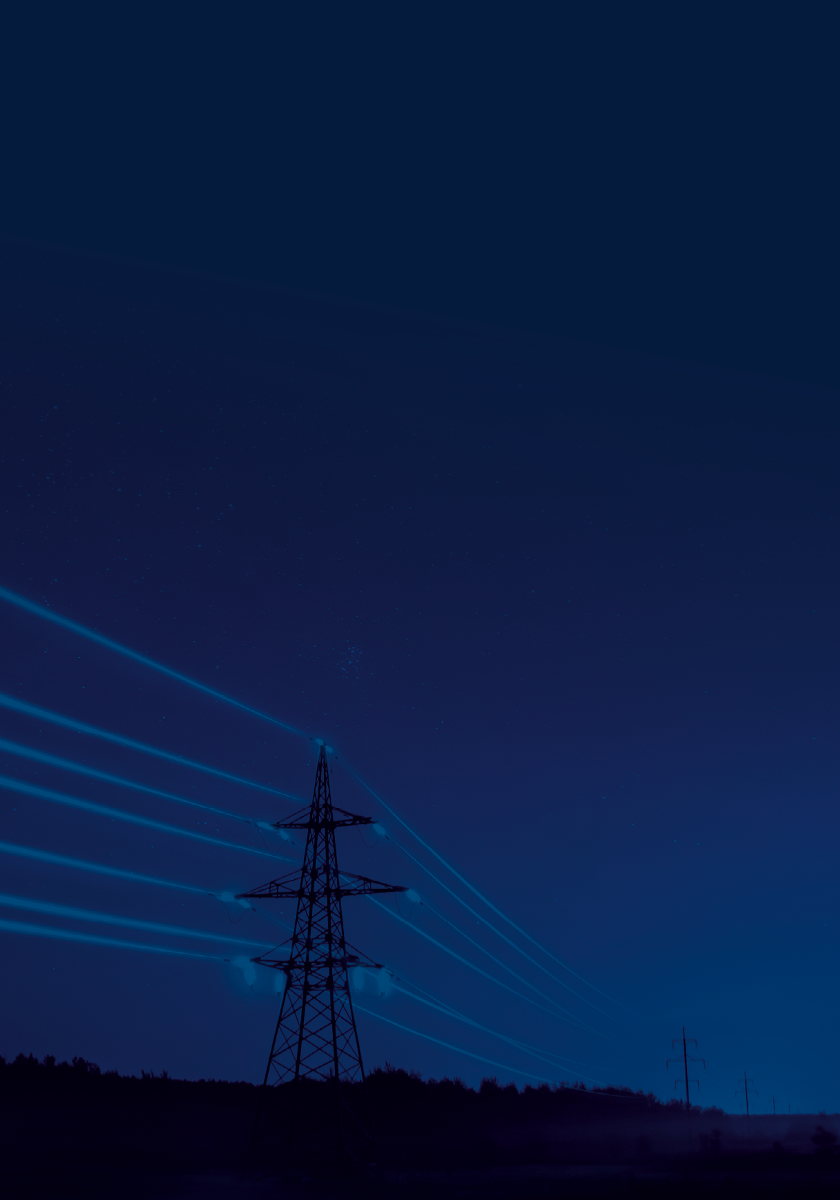 Electricity transmission towers with glowing wires against the starry sky. Energy concept.