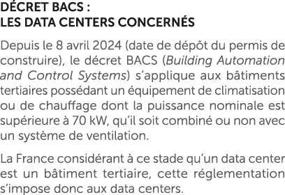 D cret BACS : les data centers concern s Depuis le 8 avril 2024 (date de d p t du permis de construire), le d cret BA...