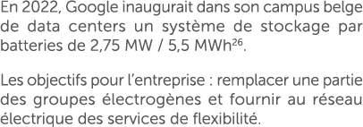 En 2022, Google inaugurait dans son campus belge de data centers un syst me de stockage par batteries de 2,75 MW / 5,...