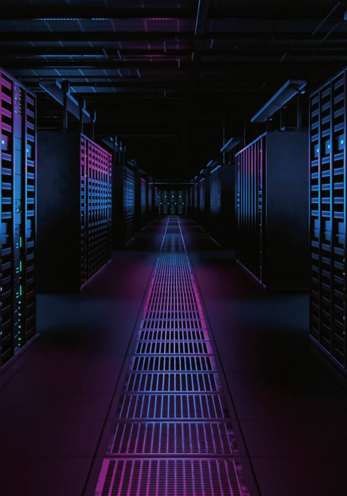 Data Technology Center Server Racks Working in Dark Facility. Concept of Internet of Things, Big Data Protection, Storage, Cryptocurrency Farm, Cloud Computing. 3D Render of Crypto Miners.