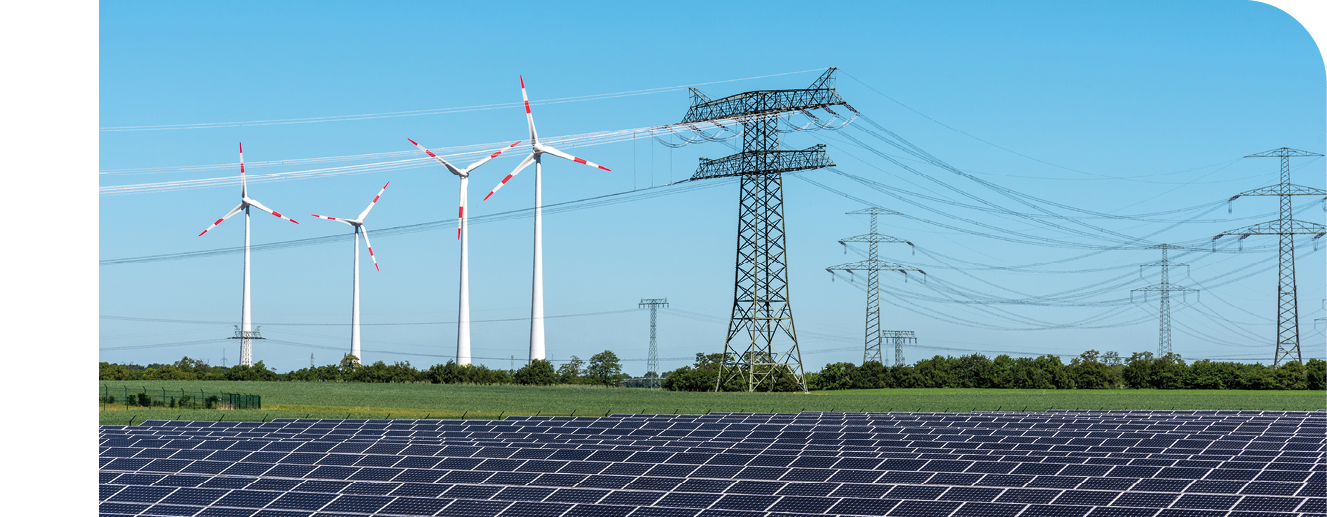 Solar energy panels, wind power and electricity pylons seen in Germany