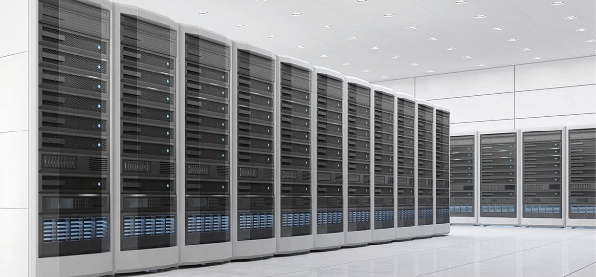 High tech interior of server room in data center. Concept of quantum super computer with artificial intelligence in white interior. 3D illustration.